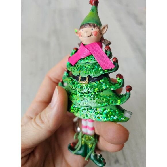 Elf tree girl ornament unique AS IS Xmas green glitter striped - Picture 4 of 8